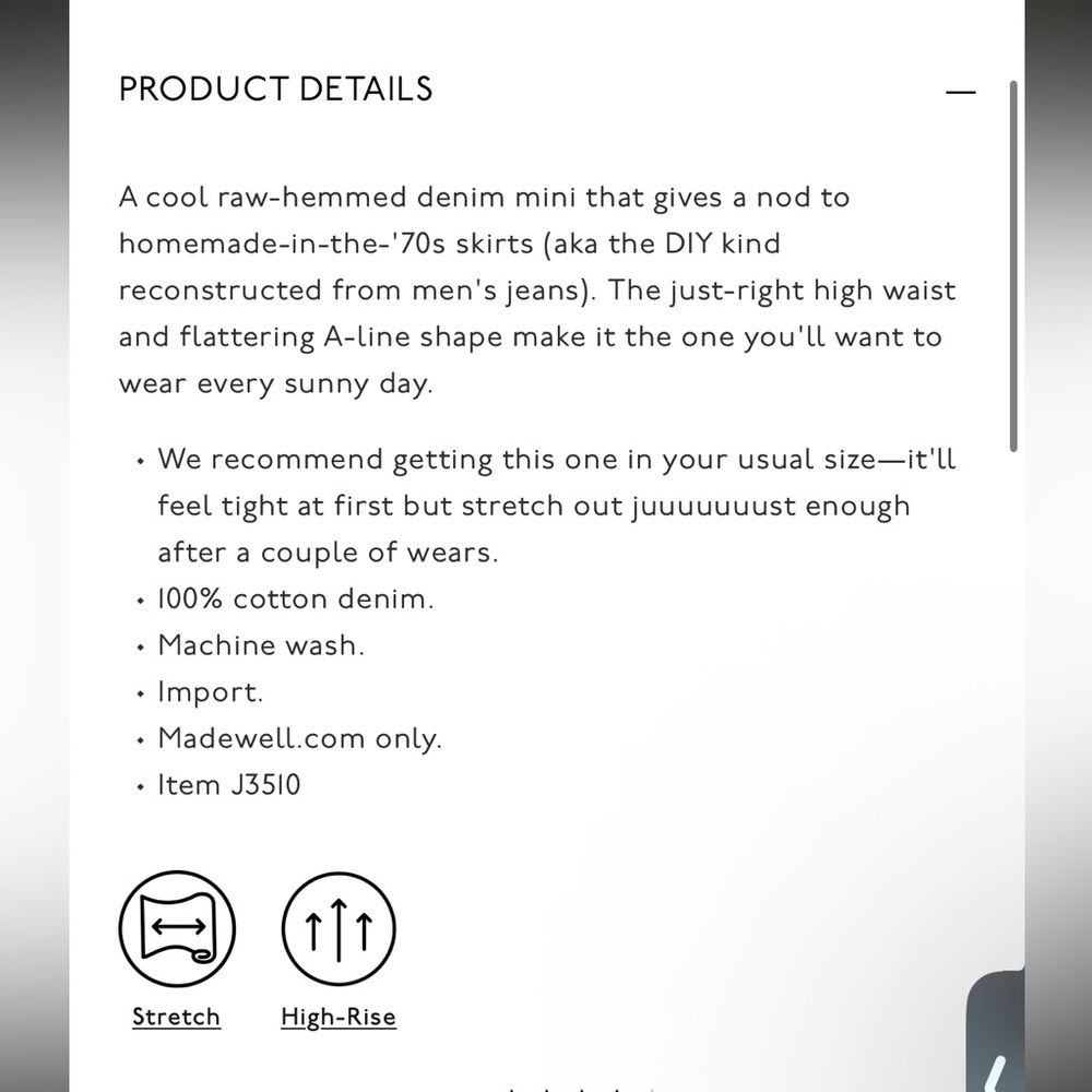 MADEWELL 100% Cotton Black Denim Mini High-Waist A-Line Frayed Hem Casual Skirt - Picture 9 of 16